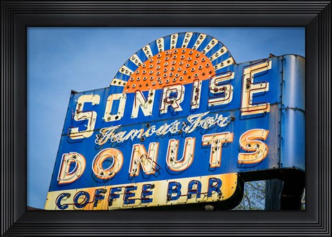 Framed Vintage Neon Sign For Sunrise Donuts Print