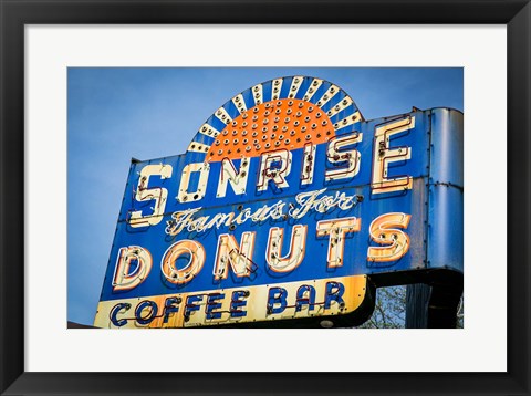 Framed Vintage Neon Sign For Sunrise Donuts Print