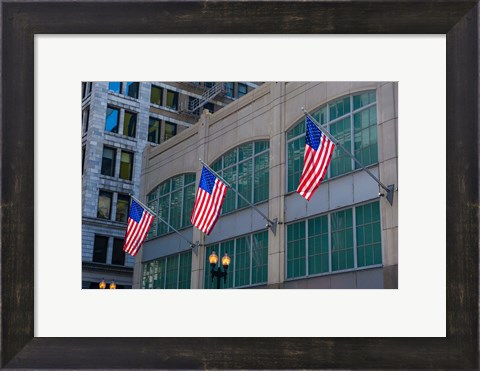 Framed Flags Hanging Outside An Office Building, Chicago, Illinois Print