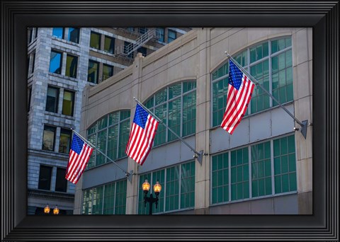 Framed Flags Hanging Outside An Office Building, Chicago, Illinois Print
