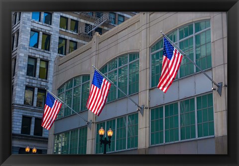 Framed Flags Hanging Outside An Office Building, Chicago, Illinois Print