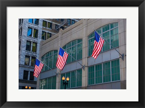 Framed Flags Hanging Outside An Office Building, Chicago, Illinois Print