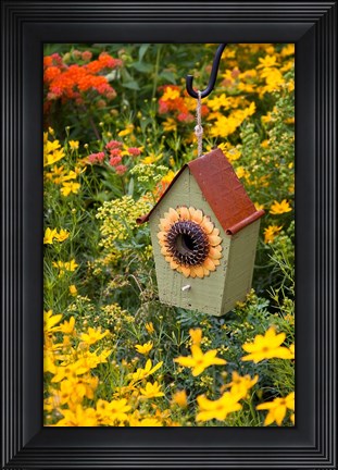 Framed Sunflower Birdhouse In Garden Print