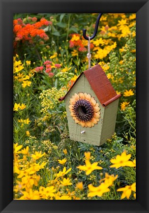 Framed Sunflower Birdhouse In Garden Print