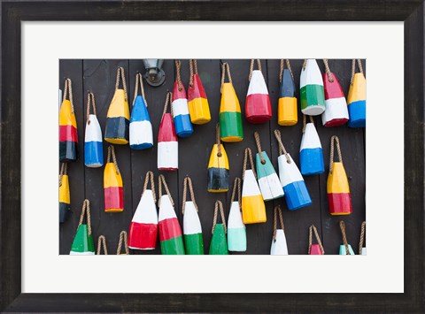 Framed Colorful Buoys Hanging On Wall, Bar Harbor, Maine Print
