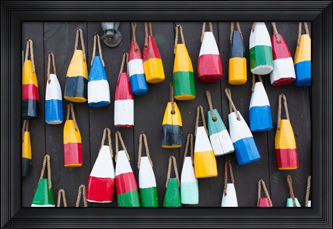 Framed Colorful Buoys Hanging On Wall, Bar Harbor, Maine Print
