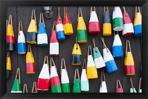 Framed Colorful Buoys Hanging On Wall, Bar Harbor, Maine Print