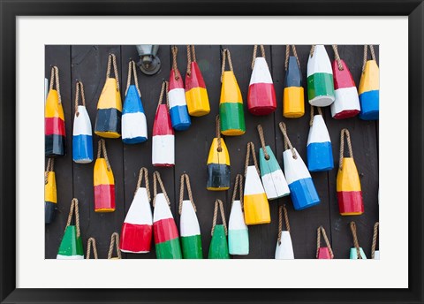 Framed Colorful Buoys Hanging On Wall, Bar Harbor, Maine Print