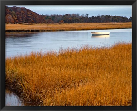 Framed Boat Anchored In Mousam River, Maine Print