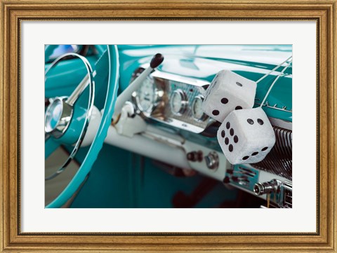Framed 1950&#39;s Fuzzy Dice In A Teal Car Print