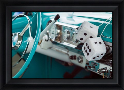 Framed 1950&#39;s Fuzzy Dice In A Teal Car Print