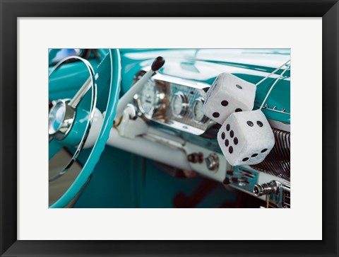 Framed 1950&#39;s Fuzzy Dice In A Teal Car Print