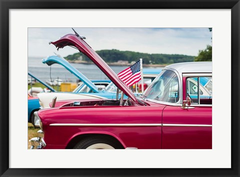 Framed 1950&#39;s Red Fuzzy Dice At An Antique Car Show Print