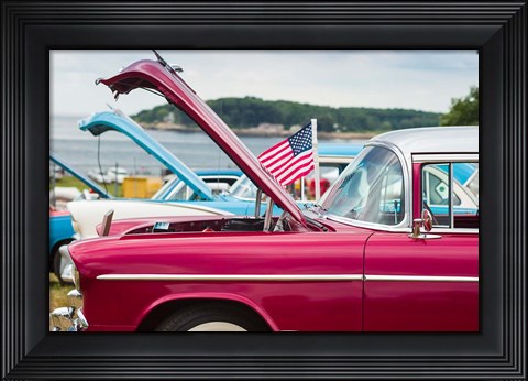 Framed 1950&#39;s Red Fuzzy Dice At An Antique Car Show Print