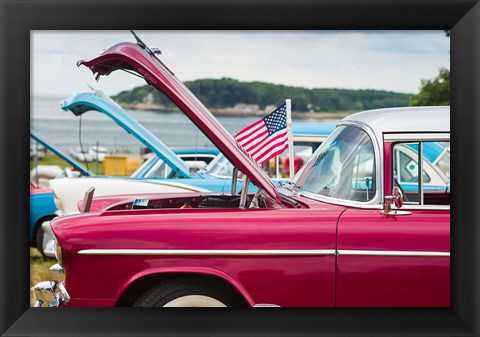 Framed 1950&#39;s Red Fuzzy Dice At An Antique Car Show Print