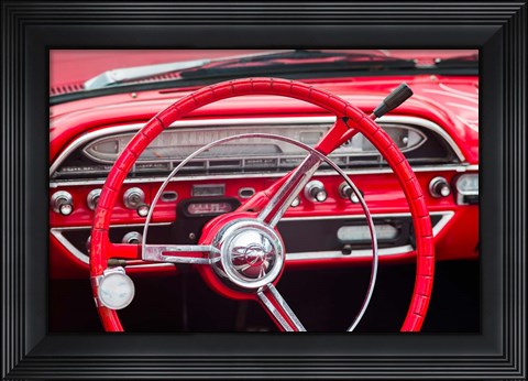 Framed Classic Red Steering Whell At An Antique Car Show Print