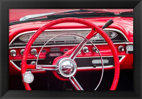 Framed Classic Red Steering Whell At An Antique Car Show Print