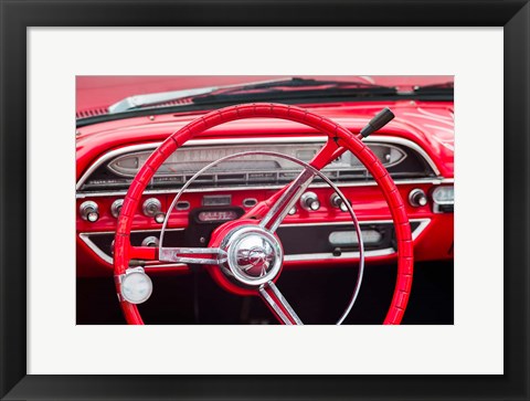 Framed Classic Red Steering Whell At An Antique Car Show Print