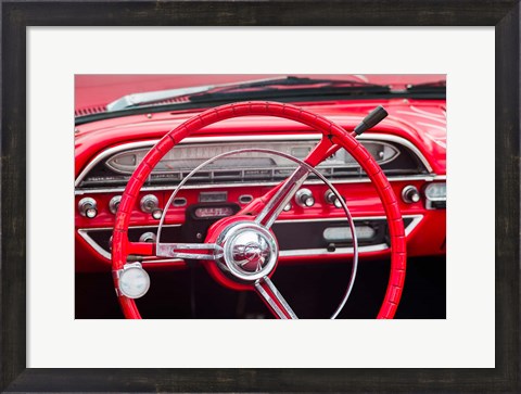 Framed Classic Red Steering Whell At An Antique Car Show Print