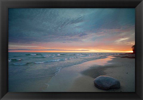 Framed Solitary Boulder On A Beach Of Lake Superior, Michigan Print