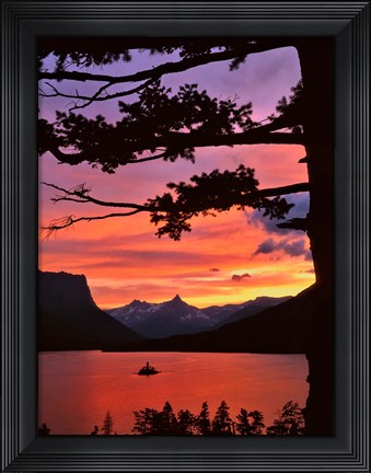 Framed St Mary Lake And Wild Goose Island At Sunset Print