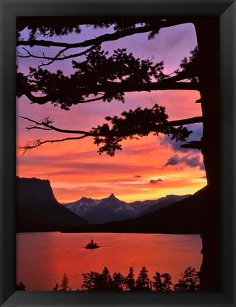 Framed St Mary Lake And Wild Goose Island At Sunset Print