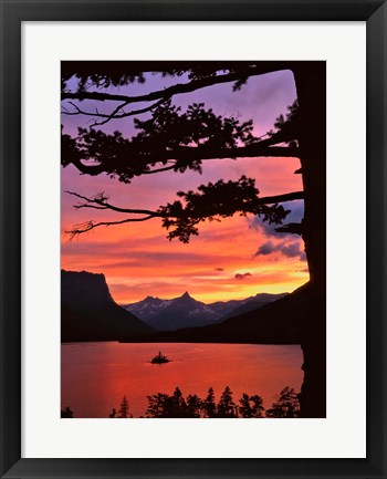 Framed St Mary Lake And Wild Goose Island At Sunset Print