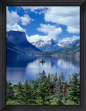 Framed Cumulus Clouds Drift Over Saint Mary Lake And Wild Goose Island Print