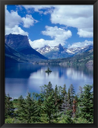 Framed Cumulus Clouds Drift Over Saint Mary Lake And Wild Goose Island Print