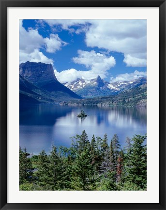 Framed Cumulus Clouds Drift Over Saint Mary Lake And Wild Goose Island Print