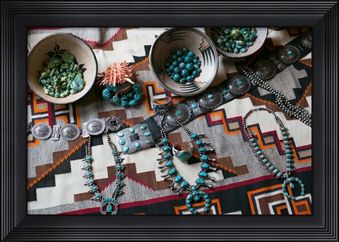 Framed Display Of Turquoise Accessories, Santa Fe, New Mexico Print