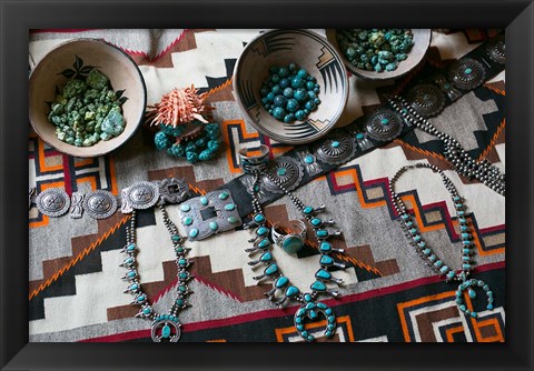 Framed Display Of Turquoise Accessories, Santa Fe, New Mexico Print