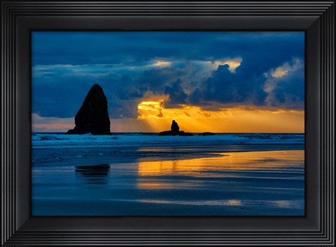 Framed Sunset On Needles Seastack Of Cannon Beach, Oregon Print
