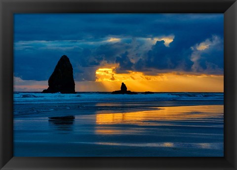 Framed Sunset On Needles Seastack Of Cannon Beach, Oregon Print