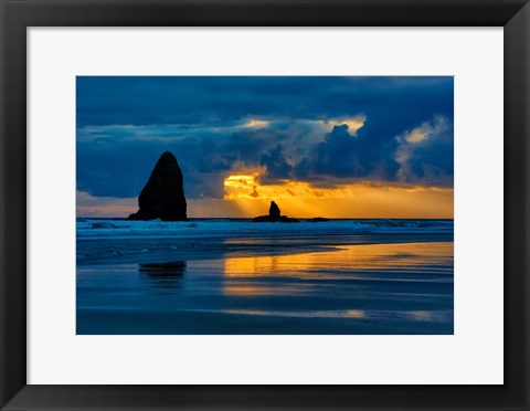 Framed Sunset On Needles Seastack Of Cannon Beach, Oregon Print
