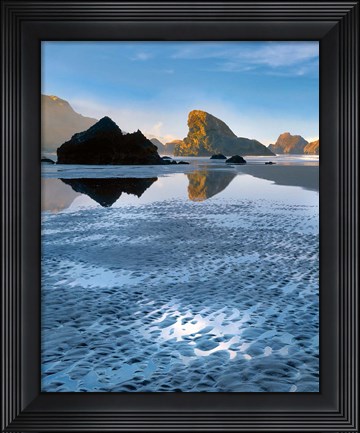 Framed Morning Light On Rocks At Meyers Beach, Oregon Print