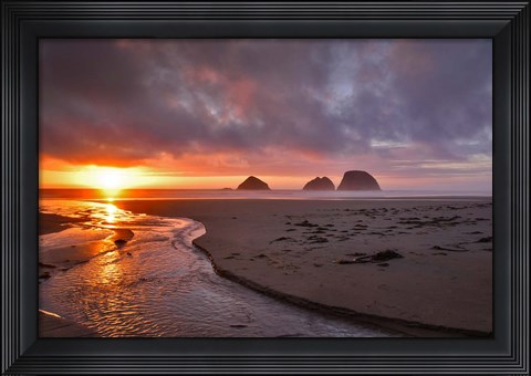 Framed Sunset On Three Arch Rocks, Oregon Print