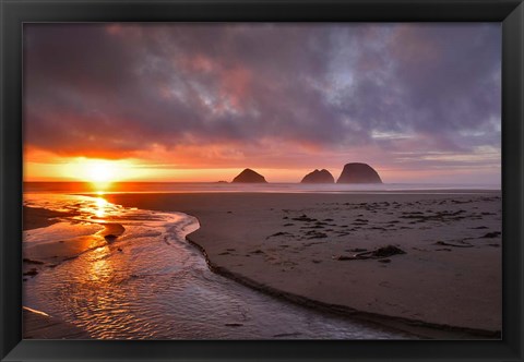 Framed Sunset On Three Arch Rocks, Oregon Print