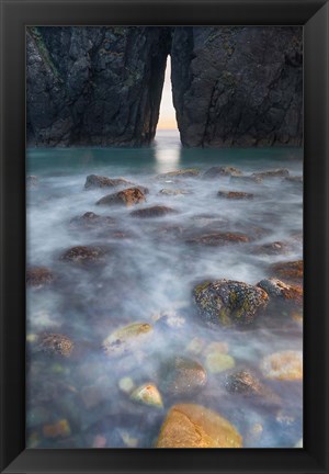 Framed Ocean Spray Over Lichen Covered Rocks At Arch, Harris Beach State Park Print