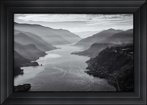Framed Aerial Landscape Of The Columbia Gorge, Oregon (BW) Print