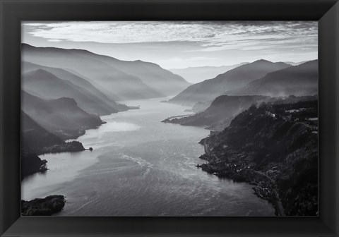 Framed Aerial Landscape Of The Columbia Gorge, Oregon (BW) Print