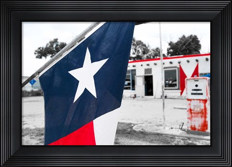 Framed Flag At An Antique Gas Station, Texas Print