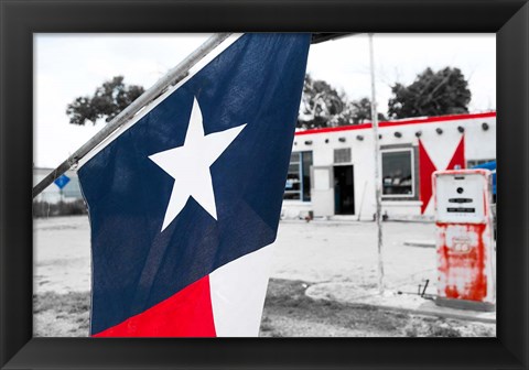 Framed Flag At An Antique Gas Station, Texas Print