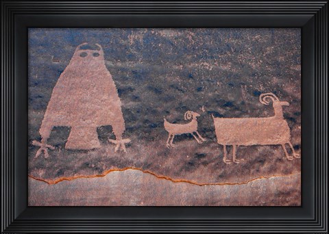 Framed Ancient Petroglyph Of Owl And Big Horn Sheep, Utah Print