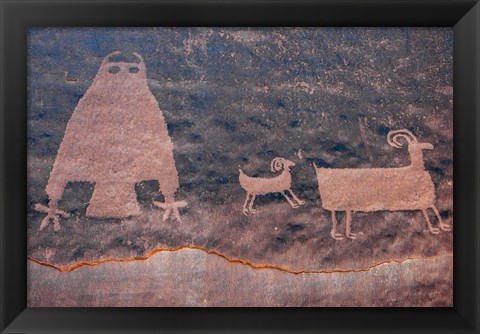 Framed Ancient Petroglyph Of Owl And Big Horn Sheep, Utah Print