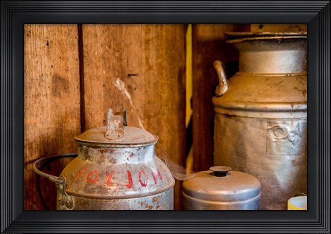 Framed Old Milk Containers From A Dairy Farm Print