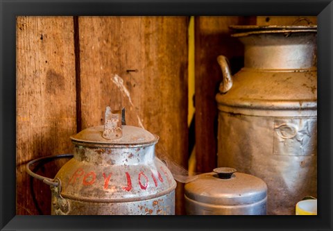 Framed Old Milk Containers From A Dairy Farm Print