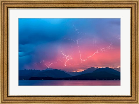 Framed Lightning Over Hood Canal And The Olympic Mountains Print