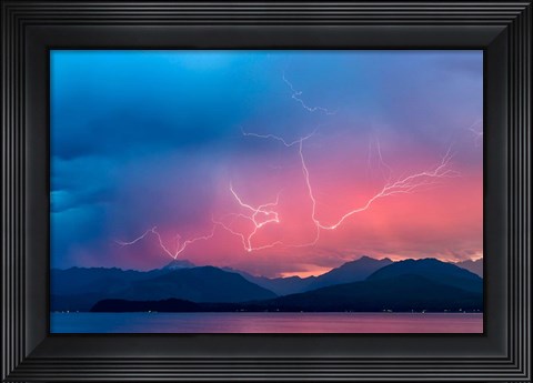 Framed Lightning Over Hood Canal And The Olympic Mountains Print