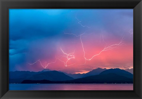 Framed Lightning Over Hood Canal And The Olympic Mountains Print